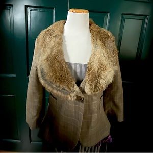 Vintage Plaid Jacket with Fur Collar - Size 8
